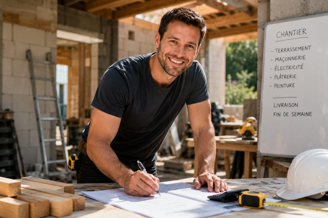 Artisan du bâtiment sur un chantier, en train de préparer un devis