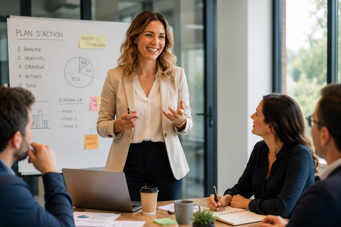 Consultante animant un atelier de travail avec ses clients