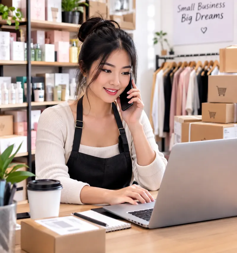 Commerçante au téléphone devant son ordinateur, entourée de colis à expédier
