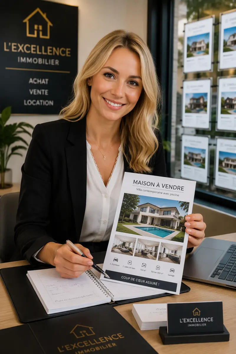 Agente immobilière présentant une annonce de maison à vendre