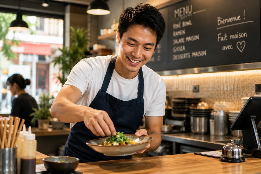 Restaurateur dans son établissement, préparant une prestation traiteur