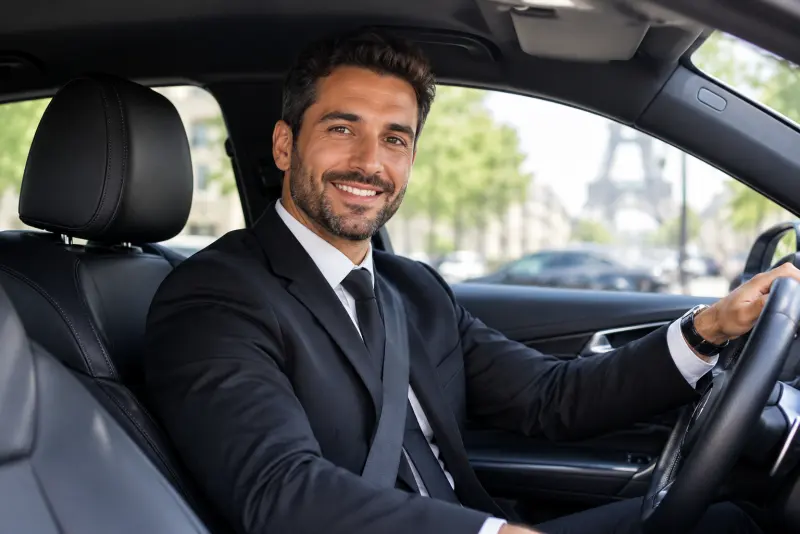Chauffeur VTC en costume au volant de sa berline à Paris